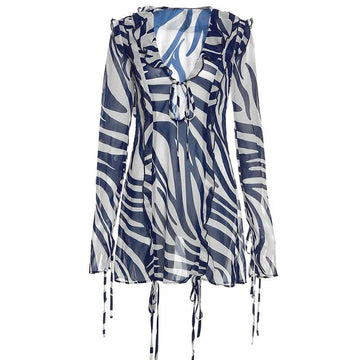 MQTIME  -  Women's Summer Short Tie Up Dress Long Sleeve V Neck Zebra Print Ruffled Hollow Out Cover-ups Short Mini Sundress